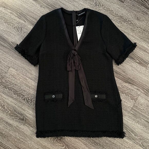 Zara Black Short Sleeve Tweed V Neck Dress New - Picture 1 of 6